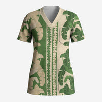 Hawaii Pua Kenikeni Lei Scrub Top With Lau Maia Green LT05 Adult Green - Polynesian Pride