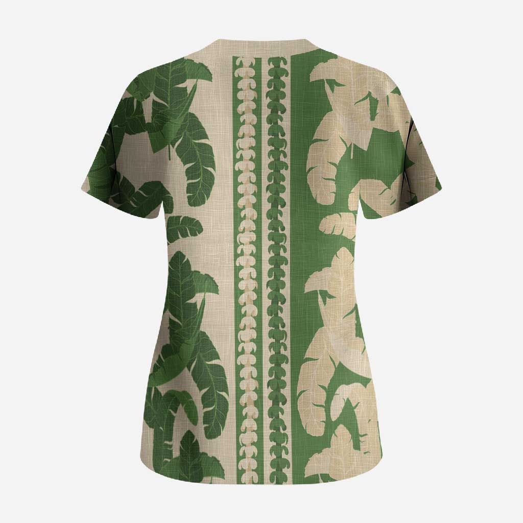 Hawaii Pua Kenikeni Lei Scrub Top With Lau Maia Green LT05 - Polynesian Pride