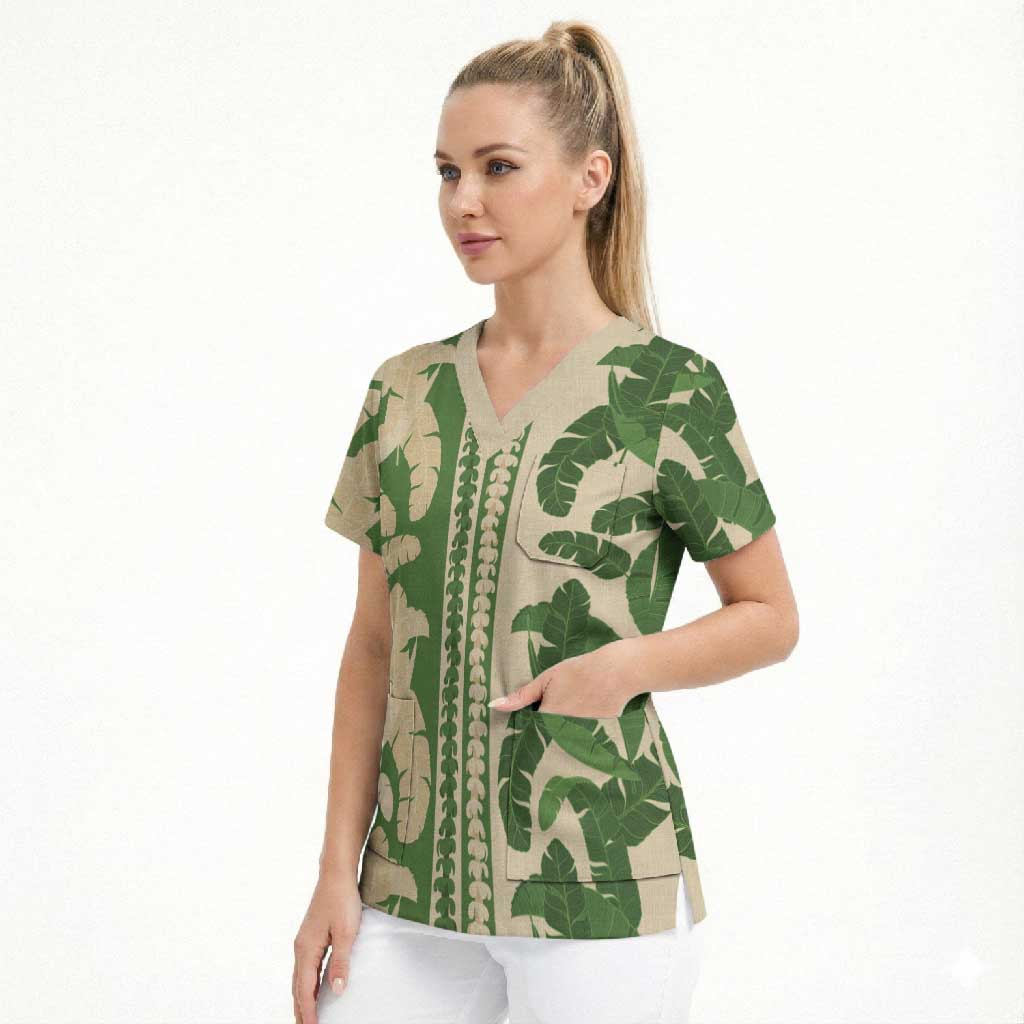Hawaii Pua Kenikeni Lei Scrub Top With Lau Maia Green LT05 - Polynesian Pride
