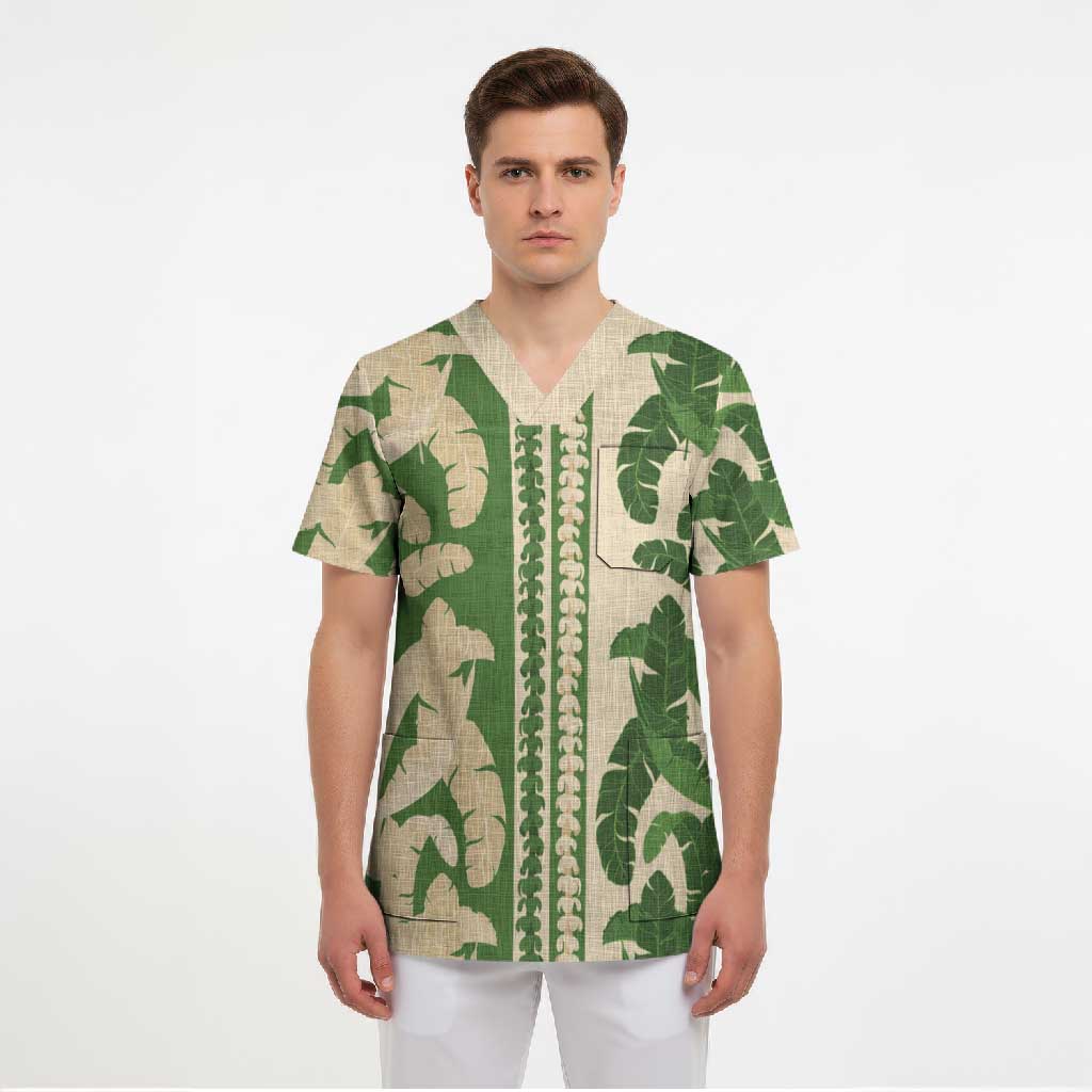 Hawaii Pua Kenikeni Lei Scrub Top With Lau Maia Green LT05 - Polynesian Pride