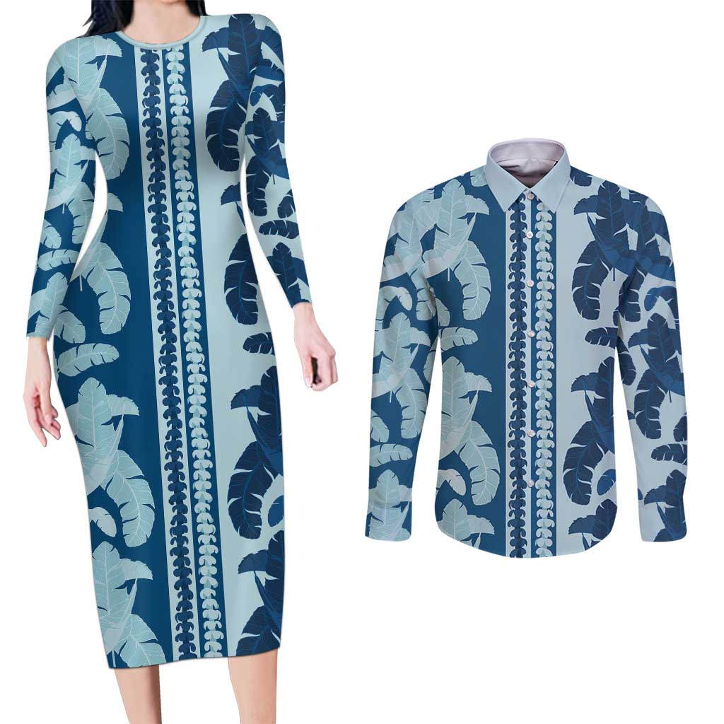 Hawaii Pua Kenikeni Lei Couples Matching Long Sleeve Bodycon Dress and Long Sleeve Button Shirt With Lau Maia Royal Blue LT05 Blue - Polynesian Pride