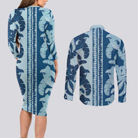 Hawaii Pua Kenikeni Lei Couples Matching Long Sleeve Bodycon Dress and Long Sleeve Button Shirt With Lau Maia Royal Blue LT05 - Polynesian Pride