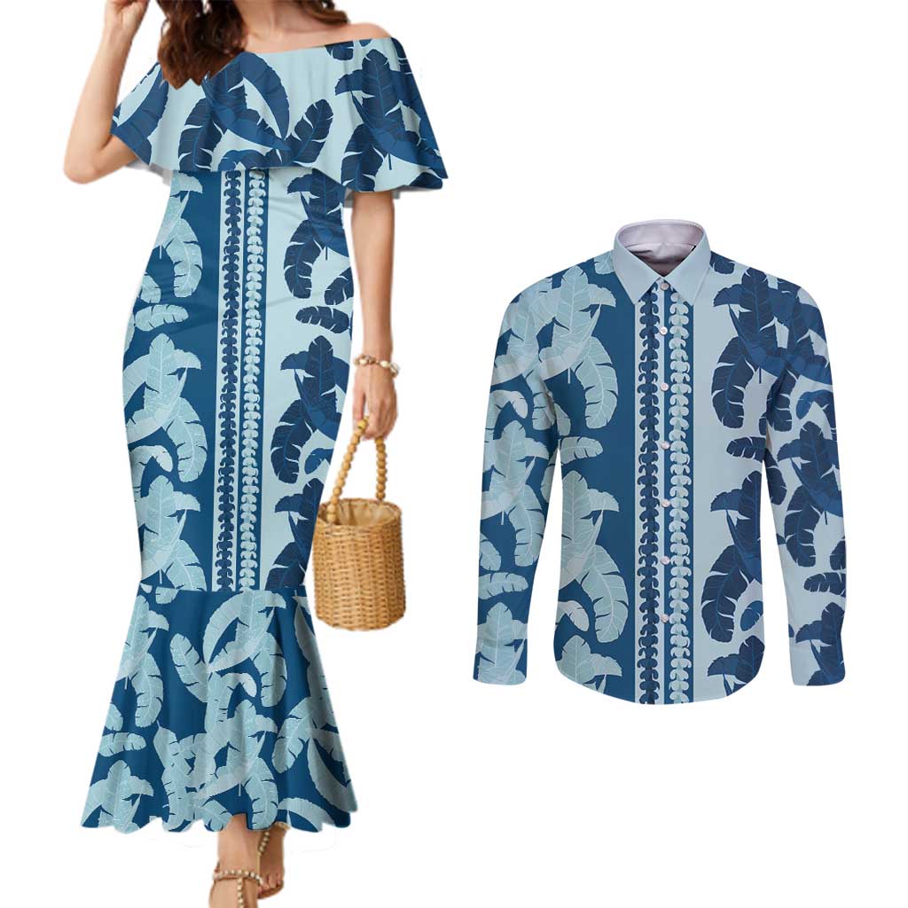 Hawaii Pua Kenikeni Lei Couples Matching Mermaid Dress and Long Sleeve Button Shirt With Lau Maia Royal Blue LT05 Blue - Polynesian Pride