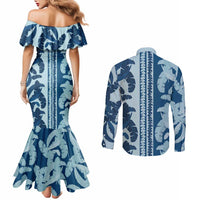 Hawaii Pua Kenikeni Lei Couples Matching Mermaid Dress and Long Sleeve Button Shirt With Lau Maia Royal Blue LT05 - Polynesian Pride