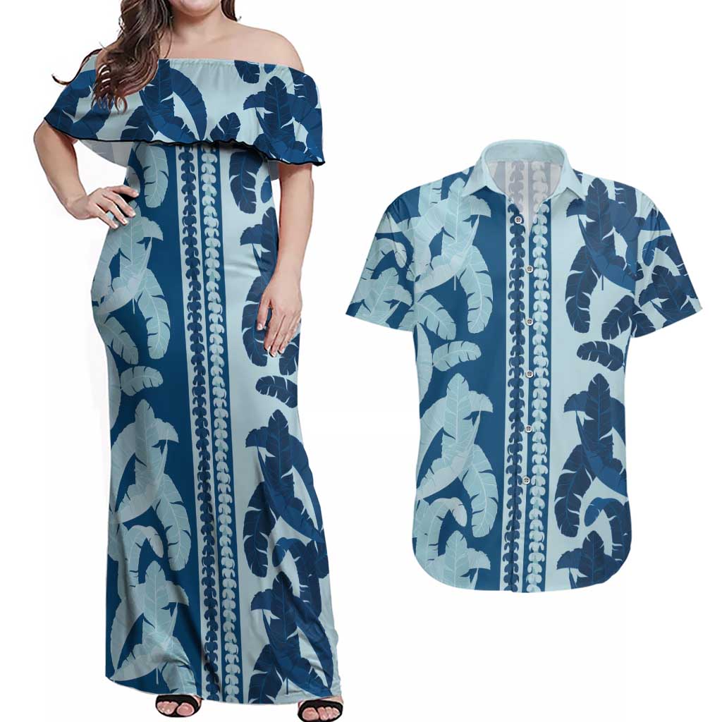 Hawaii Pua Kenikeni Lei Couples Matching Off Shoulder Maxi Dress and Hawaiian Shirt With Lau Maia Royal Blue LT05 Blue - Polynesian Pride