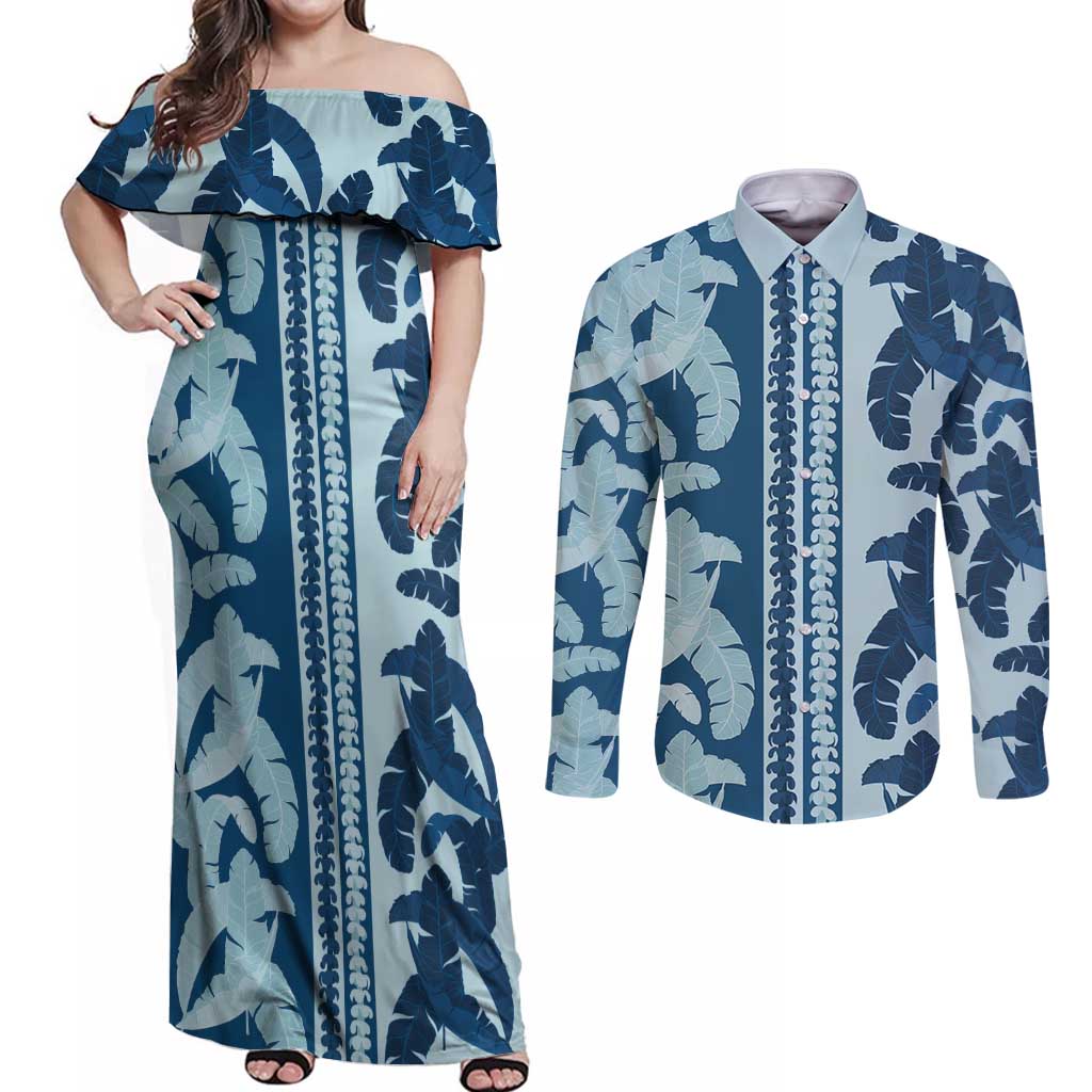 Hawaii Pua Kenikeni Lei Couples Matching Off Shoulder Maxi Dress and Long Sleeve Button Shirt With Lau Maia Royal Blue LT05 Blue - Polynesian Pride