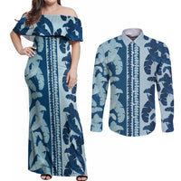 Hawaii Pua Kenikeni Lei Couples Matching Off Shoulder Maxi Dress and Long Sleeve Button Shirt With Lau Maia Royal Blue LT05 Blue - Polynesian Pride