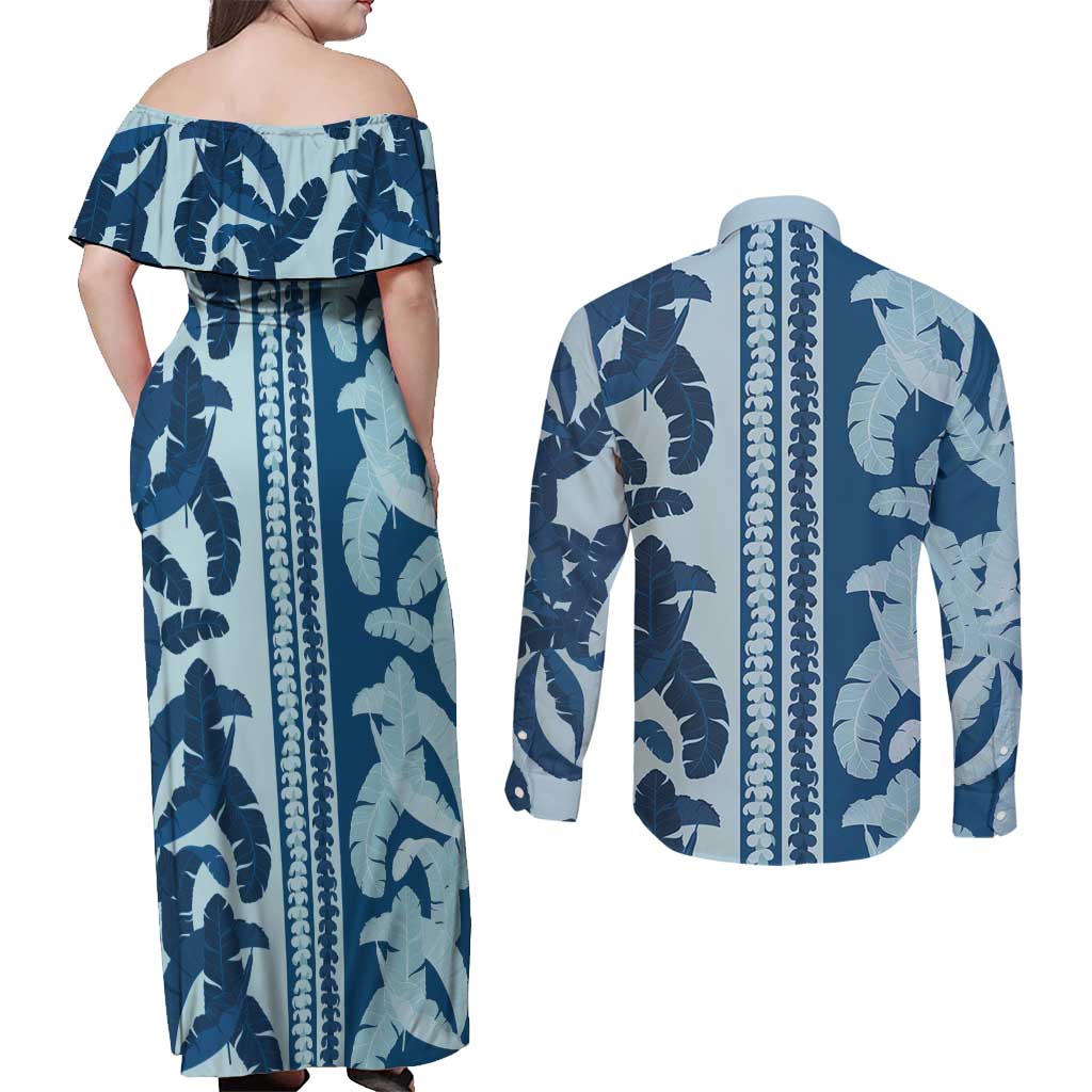 Hawaii Pua Kenikeni Lei Couples Matching Off Shoulder Maxi Dress and Long Sleeve Button Shirt With Lau Maia Royal Blue LT05 - Polynesian Pride