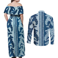 Hawaii Pua Kenikeni Lei Couples Matching Off Shoulder Maxi Dress and Long Sleeve Button Shirt With Lau Maia Royal Blue LT05 - Polynesian Pride
