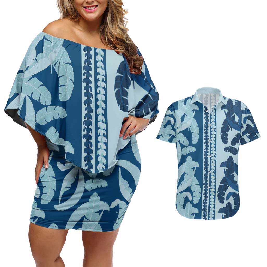Hawaii Pua Kenikeni Lei Couples Matching Off Shoulder Short Dress and Hawaiian Shirt With Lau Maia Royal Blue LT05 Blue - Polynesian Pride
