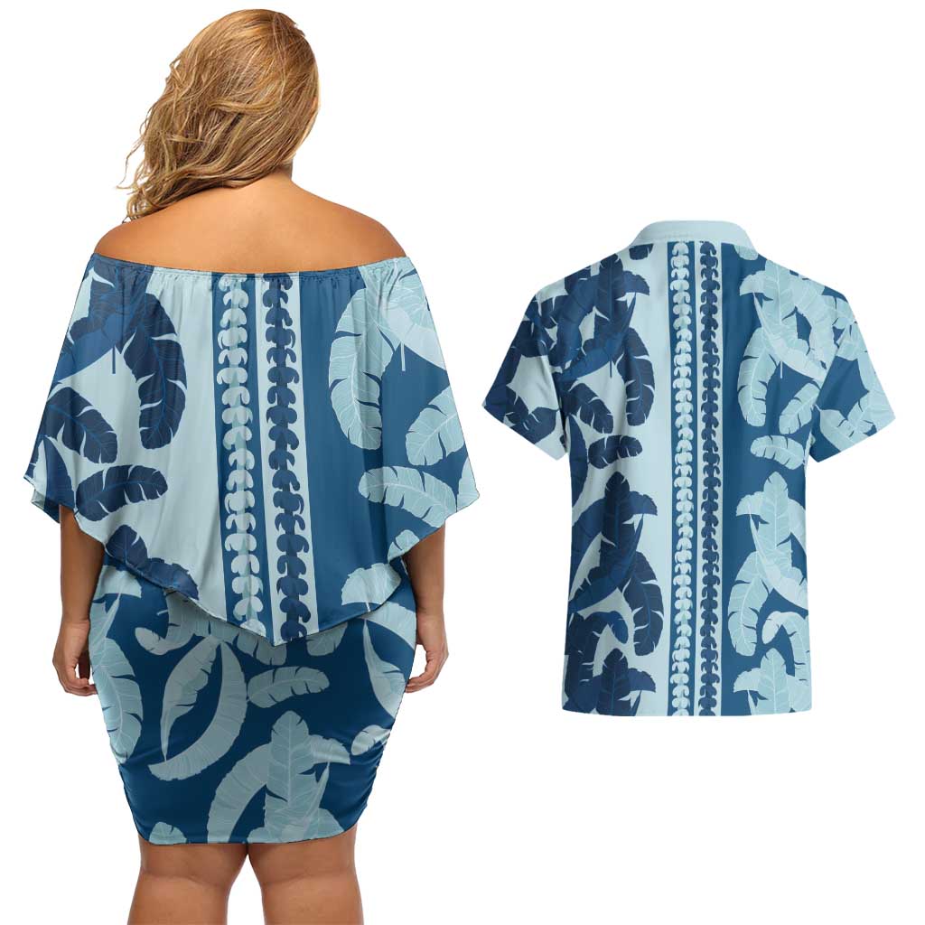 Hawaii Pua Kenikeni Lei Couples Matching Off Shoulder Short Dress and Hawaiian Shirt With Lau Maia Royal Blue LT05 - Polynesian Pride