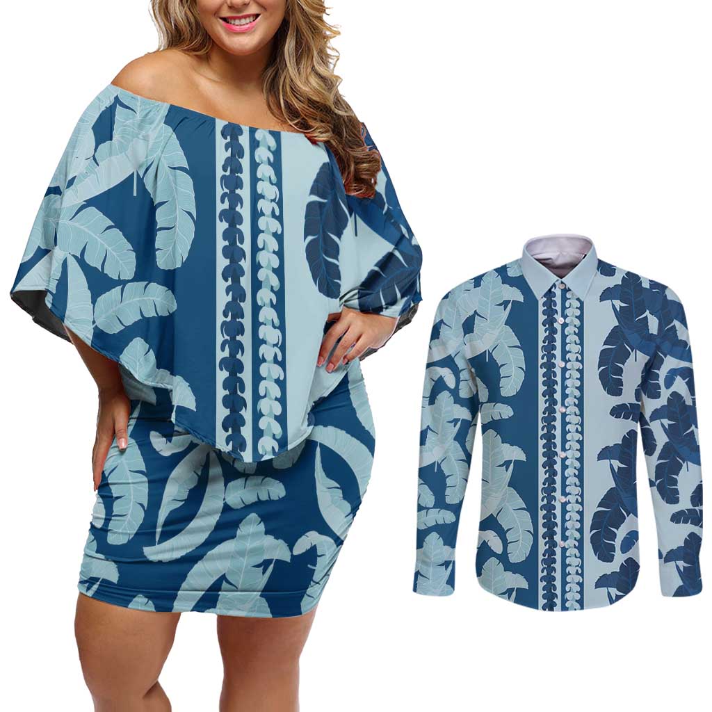 Hawaii Pua Kenikeni Lei Couples Matching Off Shoulder Short Dress and Long Sleeve Button Shirt With Lau Maia Royal Blue LT05 Blue - Polynesian Pride