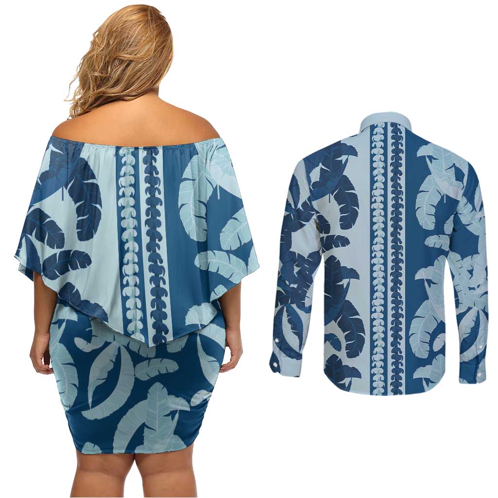 Hawaii Pua Kenikeni Lei Couples Matching Off Shoulder Short Dress and Long Sleeve Button Shirt With Lau Maia Royal Blue LT05 - Polynesian Pride
