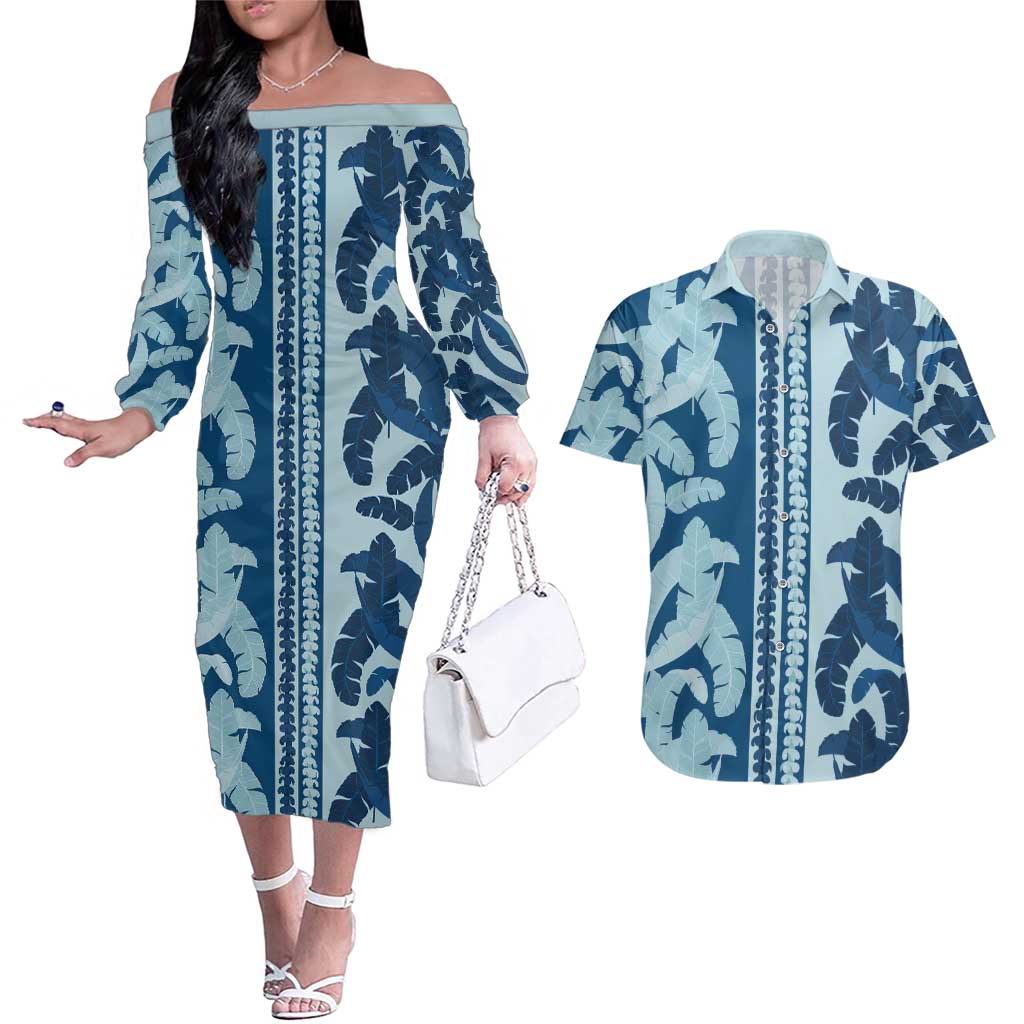 Hawaii Pua Kenikeni Lei Couples Matching Off The Shoulder Long Sleeve Dress and Hawaiian Shirt With Lau Maia Royal Blue LT05 Blue - Polynesian Pride