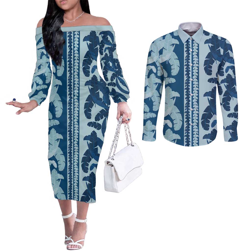 Hawaii Pua Kenikeni Lei Couples Matching Off The Shoulder Long Sleeve Dress and Long Sleeve Button Shirt With Lau Maia Royal Blue LT05 Blue - Polynesian Pride