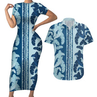 Hawaii Pua Kenikeni Lei Couples Matching Short Sleeve Bodycon Dress and Hawaiian Shirt With Lau Maia Royal Blue LT05 Blue - Polynesian Pride