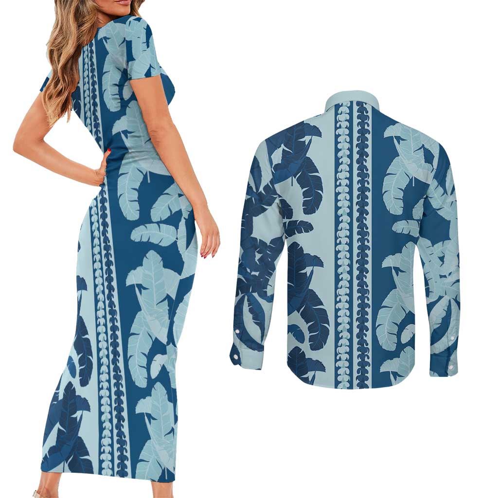 Hawaii Pua Kenikeni Lei Couples Matching Short Sleeve Bodycon Dress and Long Sleeve Button Shirt With Lau Maia Royal Blue LT05 - Polynesian Pride
