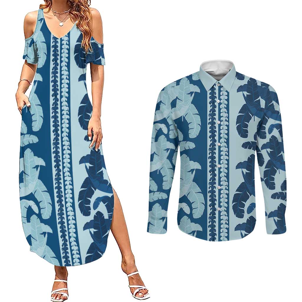 Hawaii Pua Kenikeni Lei Couples Matching Summer Maxi Dress and Long Sleeve Button Shirt With Lau Maia Royal Blue LT05 Blue - Polynesian Pride