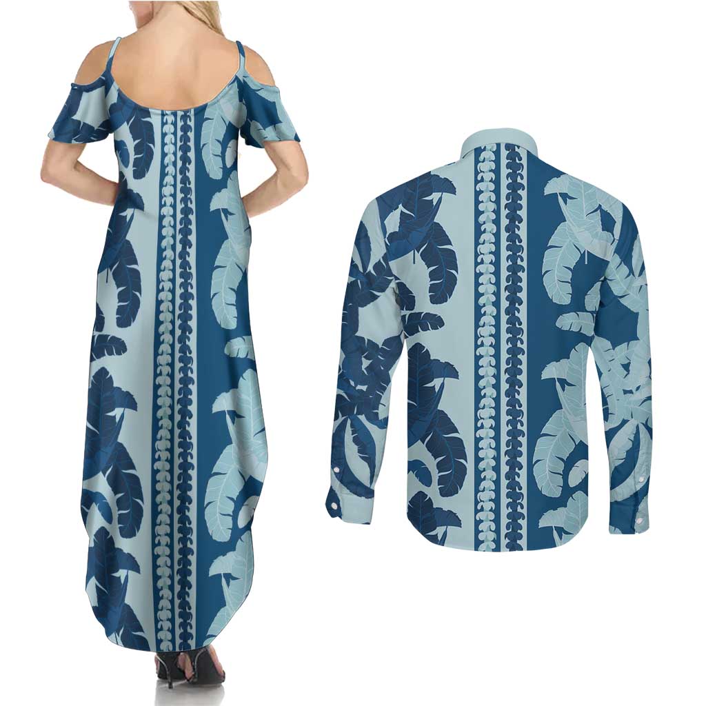 Hawaii Pua Kenikeni Lei Couples Matching Summer Maxi Dress and Long Sleeve Button Shirt With Lau Maia Royal Blue LT05 - Polynesian Pride