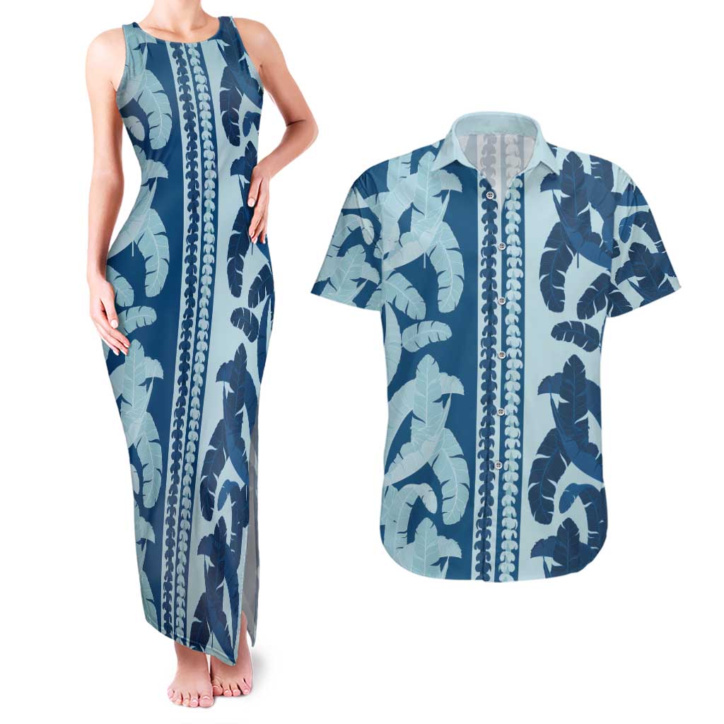 Hawaii Pua Kenikeni Lei Couples Matching Tank Maxi Dress and Hawaiian Shirt With Lau Maia Royal Blue LT05 Blue - Polynesian Pride