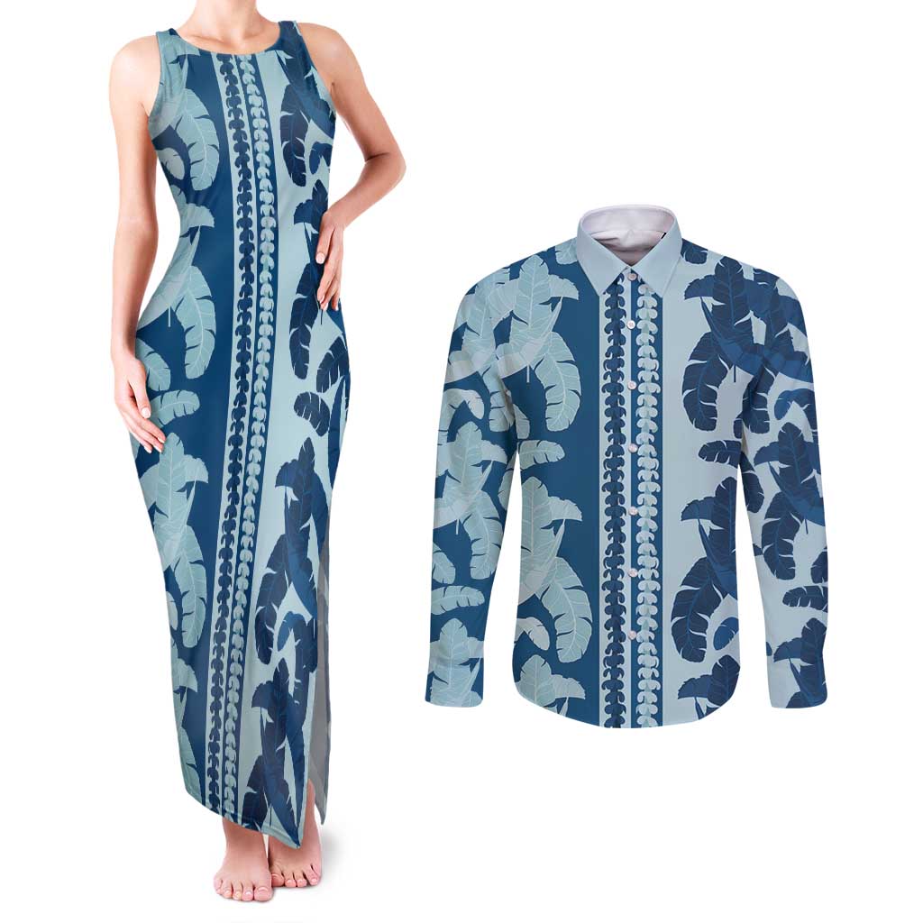 Hawaii Pua Kenikeni Lei Couples Matching Tank Maxi Dress and Long Sleeve Button Shirt With Lau Maia Royal Blue LT05 Blue - Polynesian Pride
