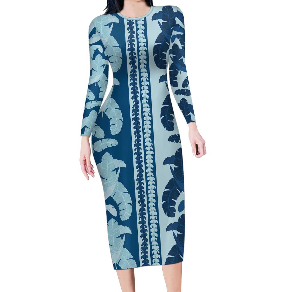 Hawaii Pua Kenikeni Lei Family Matching Long Sleeve Bodycon Dress and Hawaiian Shirt With Lau Maia Royal Blue LT05 Mom's Dress Blue - Polynesian Pride