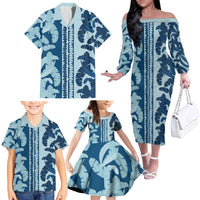 Hawaii Pua Kenikeni Lei Family Matching Off The Shoulder Long Sleeve Dress and Hawaiian Shirt With Lau Maia Royal Blue LT05 - Polynesian Pride
