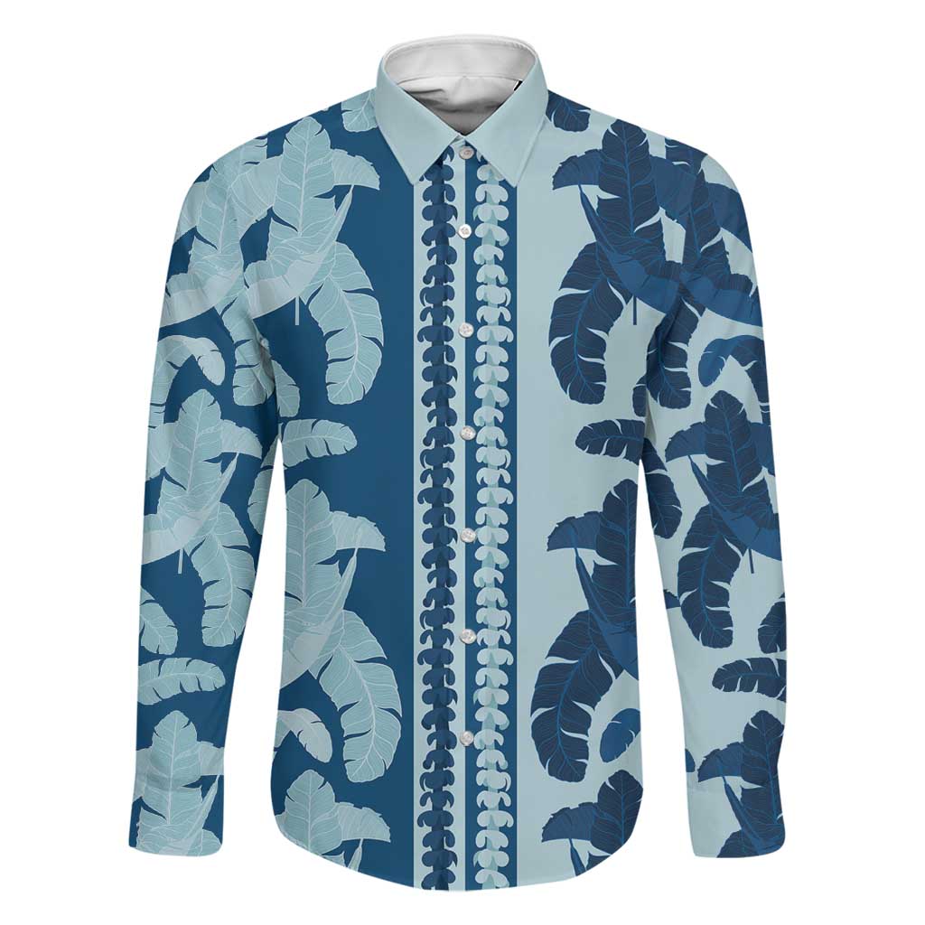 Hawaii Pua Kenikeni Lei Family Matching Off Shoulder Short Dress and Hawaiian Shirt With Lau Maia Royal Blue LT05 Dad's Shirt - Long Sleeve Blue - Polynesian Pride