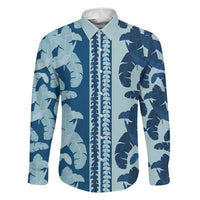 Hawaii Pua Kenikeni Lei Family Matching Puletasi and Hawaiian Shirt With Lau Maia Royal Blue LT05 Dad's Shirt - Long Sleeve Blue - Polynesian Pride