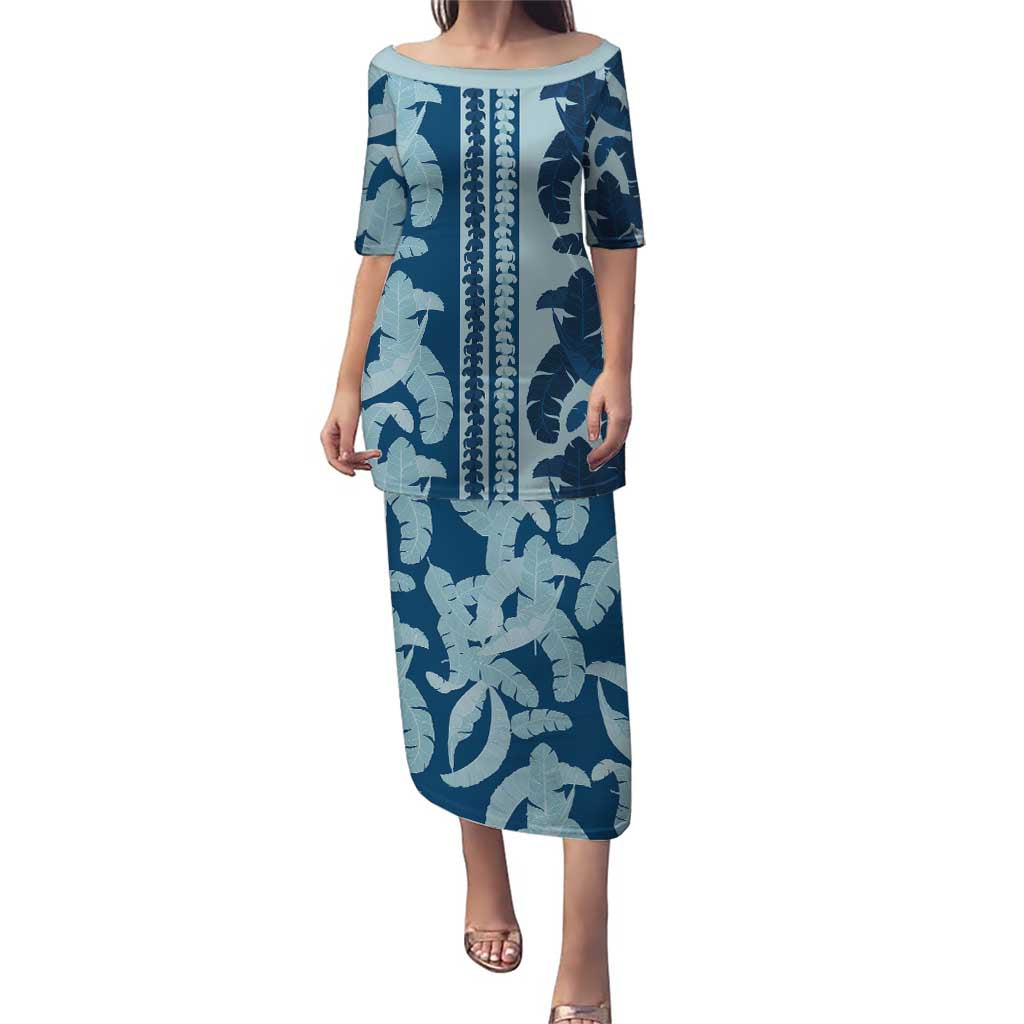 Hawaii Pua Kenikeni Lei Family Matching Puletasi and Hawaiian Shirt With Lau Maia Royal Blue LT05 Mom's Dress Blue - Polynesian Pride