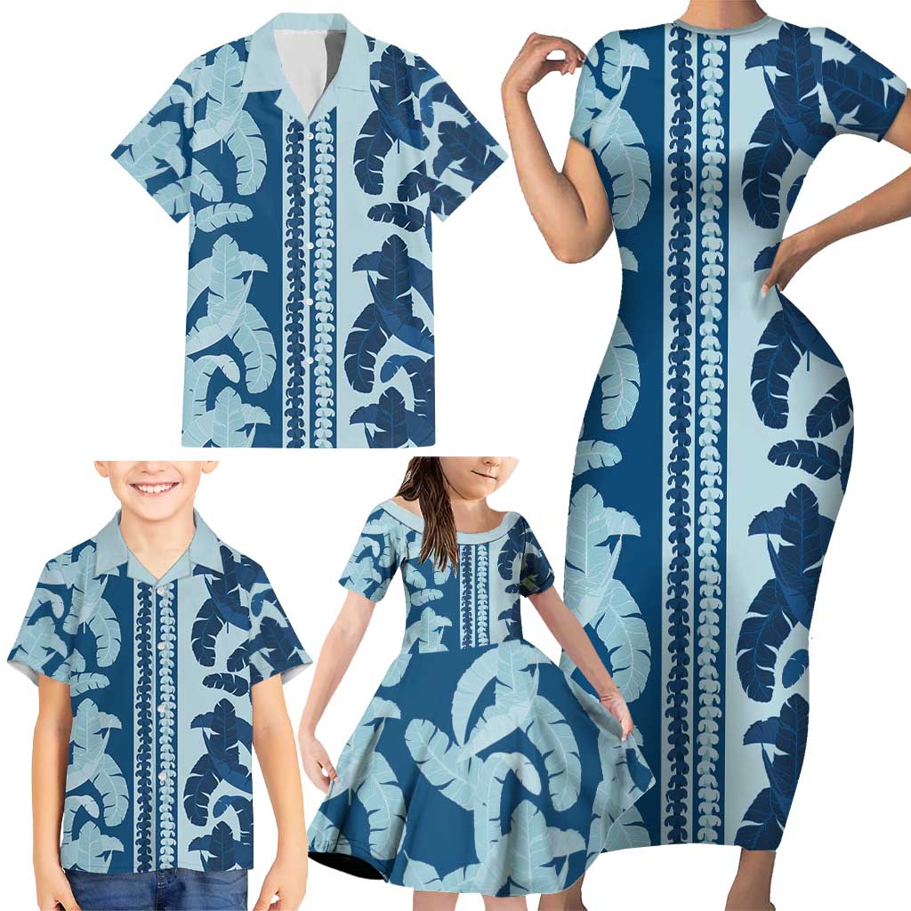 Hawaii Pua Kenikeni Lei Family Matching Short Sleeve Bodycon Dress and Hawaiian Shirt With Lau Maia Royal Blue