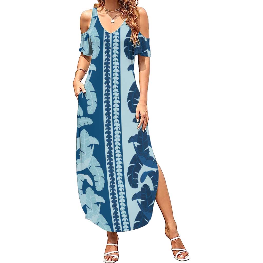 Hawaii Pua Kenikeni Lei Family Matching Summer Maxi Dress and Hawaiian Shirt With Lau Maia Royal Blue LT05 Mom's Dress Blue - Polynesian Pride