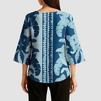 Hawaii Pua Kenikeni Lei Kimono Sleeve Blouse With Lau Maia Royal Blue