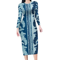 Hawaii Pua Kenikeni Lei Long Sleeve Bodycon Dress With Lau Maia Royal Blue LT05 Long Dress Blue - Polynesian Pride