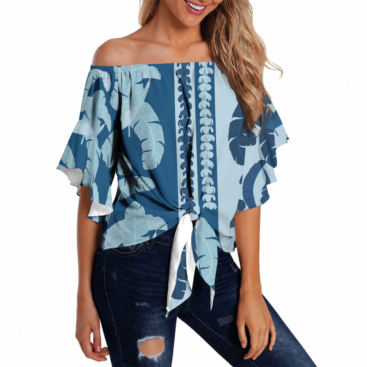 Hawaii Pua Kenikeni Lei Off Shoulder Wrap Waist Top With Lau Maia Royal Blue LT05 - Polynesian Pride