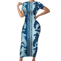 Hawaii Pua Kenikeni Lei Short Sleeve Bodycon Dress With Lau Maia Royal Blue LT05 Long Dress Blue - Polynesian Pride