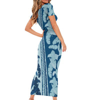 Hawaii Pua Kenikeni Lei Short Sleeve Bodycon Dress With Lau Maia Royal Blue LT05 - Polynesian Pride