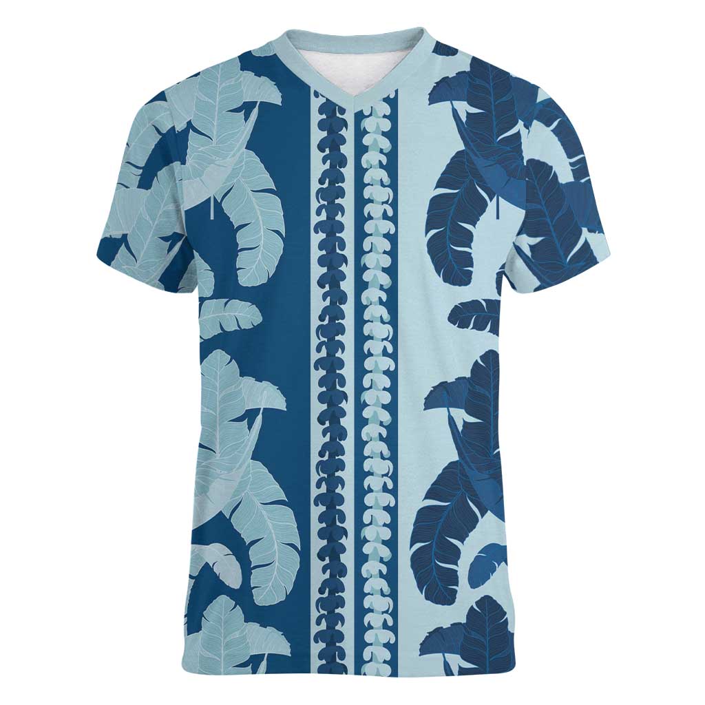 Hawaii Pua Kenikeni Lei Women V-Neck T-Shirt With Lau Maia Royal Blue LT05 Female Blue - Polynesian Pride