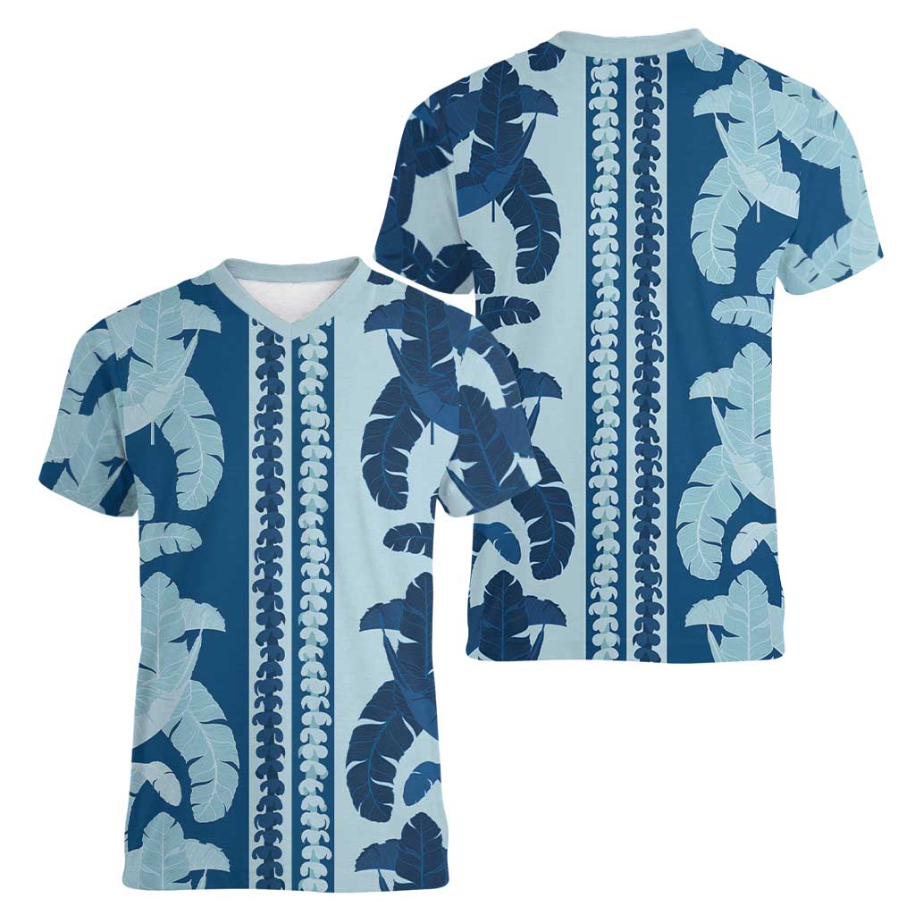 Hawaii Pua Kenikeni Lei Women V-Neck T-Shirt With Lau Maia Royal Blue LT05 - Polynesian Pride