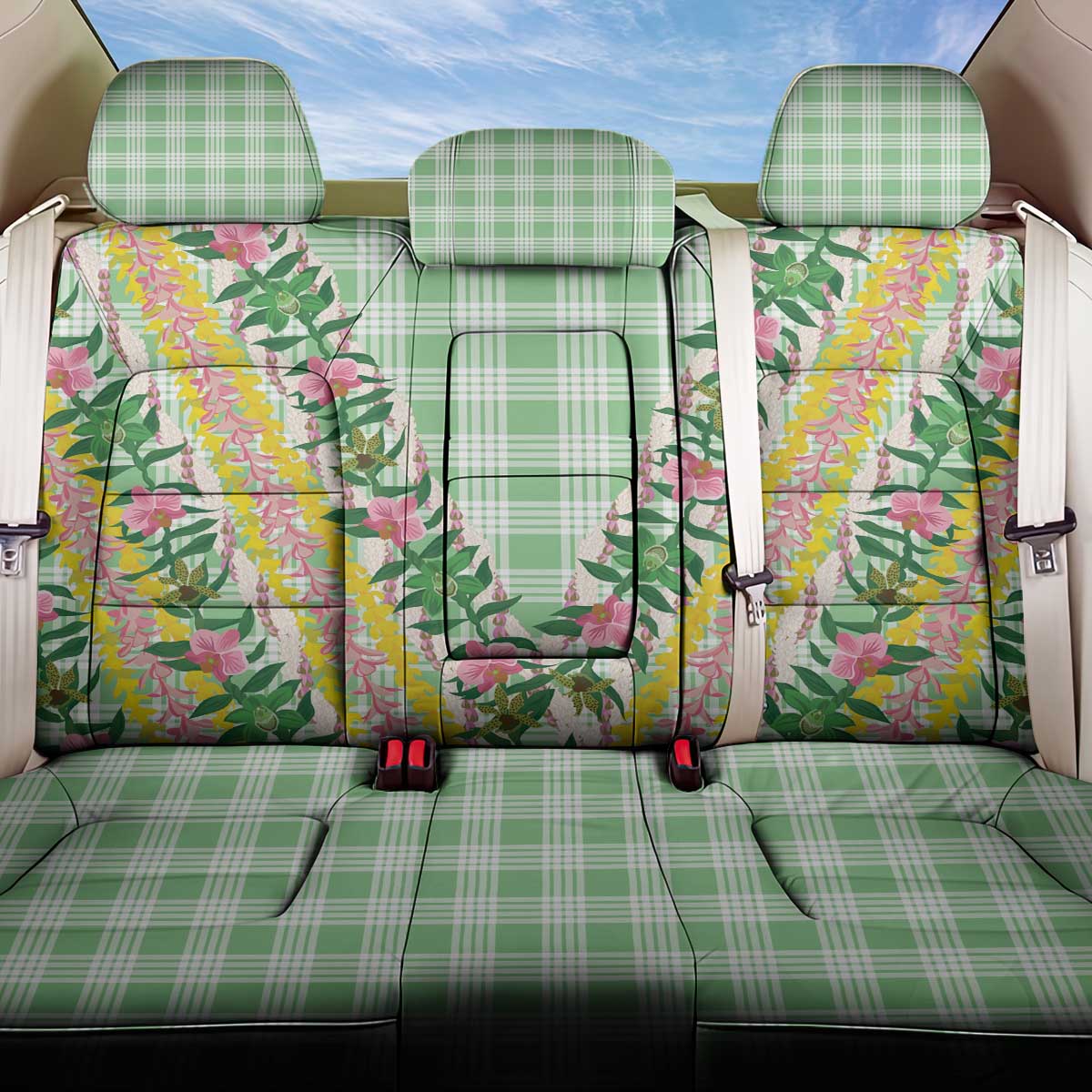 Hawaii Pikake Lokelani Plumeria Lei Back Car Seat Cover Green Palaka Motifs LT05 One Size Green - Polynesian Pride