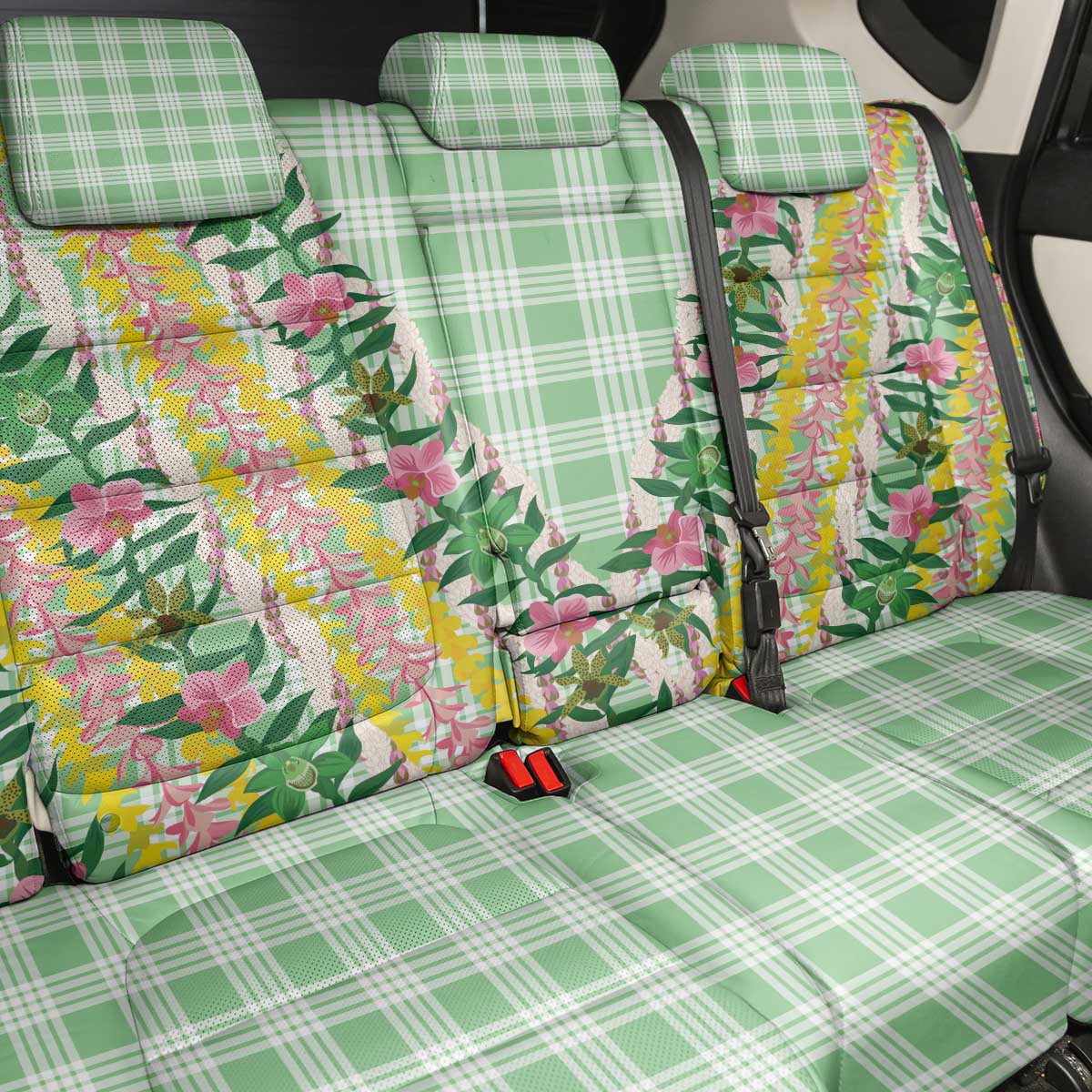 Hawaii Pikake Lokelani Plumeria Lei Back Car Seat Cover Green Palaka Motifs LT05 - Polynesian Pride