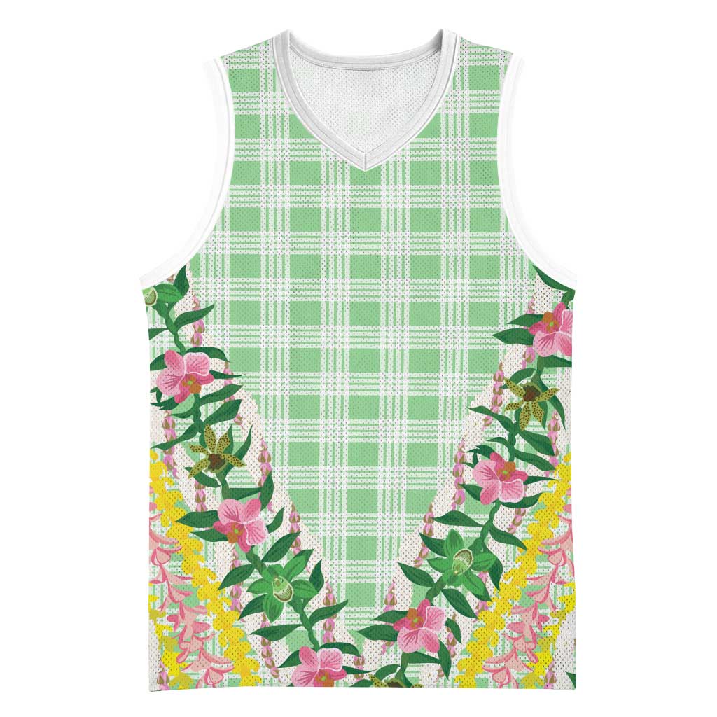 Hawaii Pikake Lokelani Plumeria Lei Basketball Jersey Green Palaka Motifs LT05 Unisex Green - Polynesian Pride
