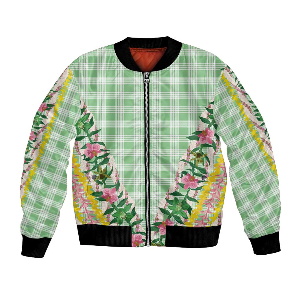 Hawaii Pikake Lokelani Plumeria Lei Bomber Jacket Green Palaka Motifs