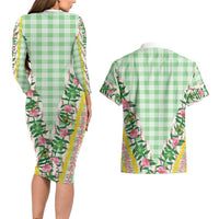 Hawaii Pikake Lokelani Plumeria Lei Couples Matching Long Sleeve Bodycon Dress and Hawaiian Shirt Green Palaka Motifs LT05 - Polynesian Pride