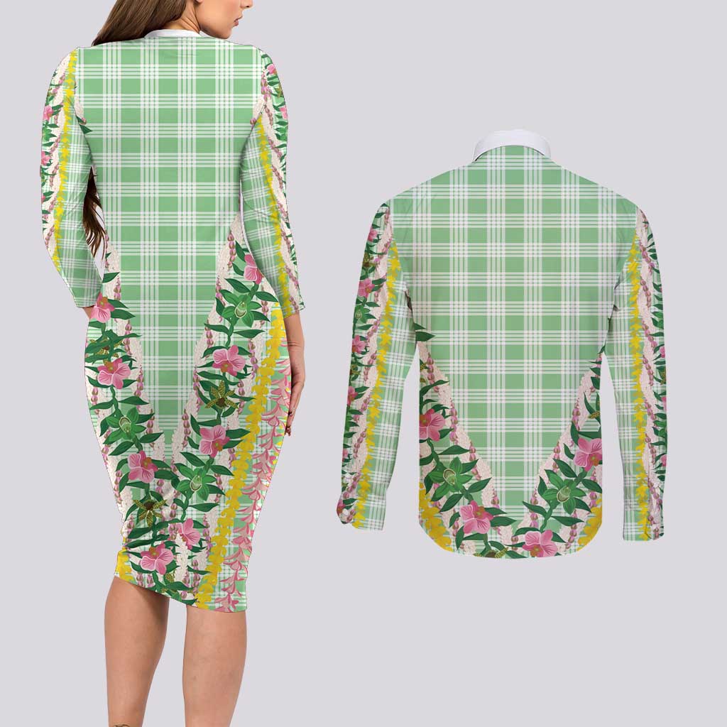 Hawaii Pikake Lokelani Plumeria Lei Couples Matching Long Sleeve Bodycon Dress and Long Sleeve Button Shirt Green Palaka Motifs LT05 - Polynesian Pride