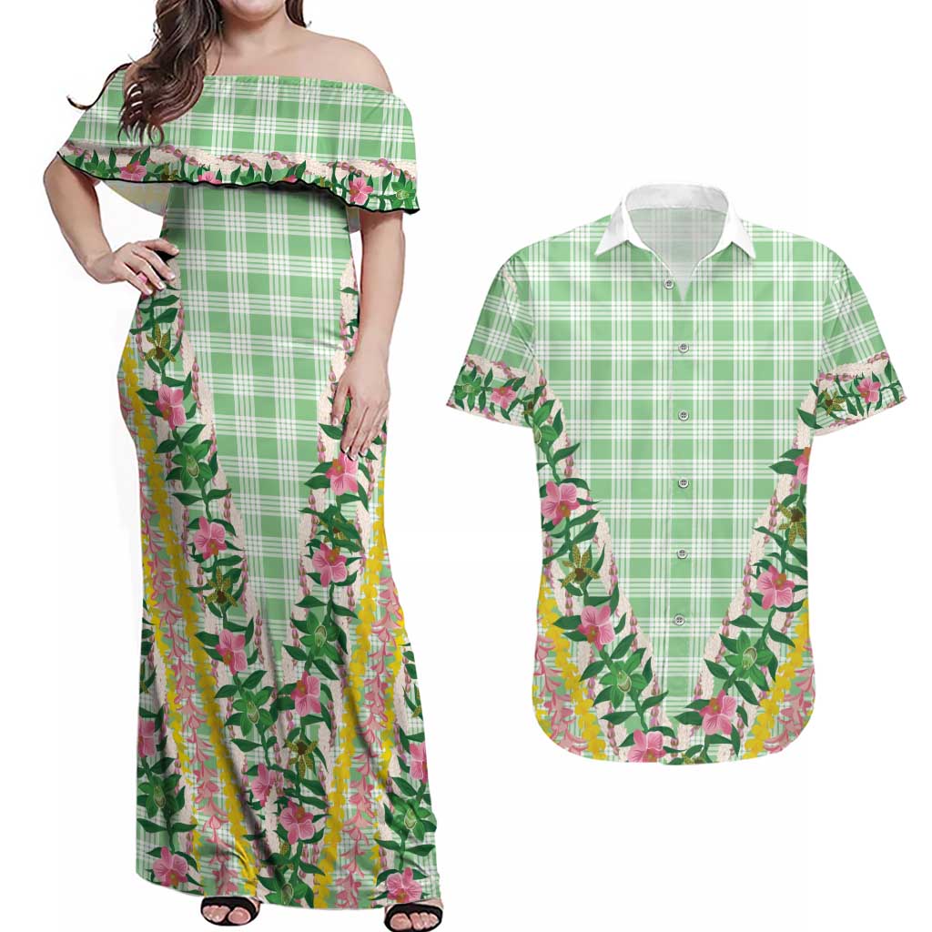 Hawaii Pikake Lokelani Plumeria Lei Couples Matching Off Shoulder Maxi Dress and Hawaiian Shirt Green Palaka Motifs LT05 Green - Polynesian Pride