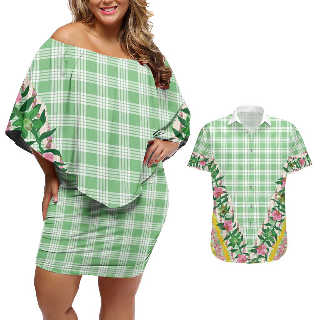 Hawaii Pikake Lokelani Plumeria Lei Couples Matching Off Shoulder Short Dress and Hawaiian Shirt Green Palaka Motifs LT05 Green - Polynesian Pride