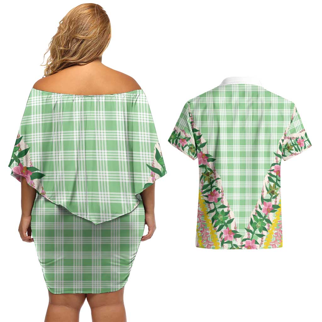 Hawaii Pikake Lokelani Plumeria Lei Couples Matching Off Shoulder Short Dress and Hawaiian Shirt Green Palaka Motifs LT05 - Polynesian Pride