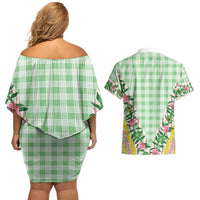 Hawaii Pikake Lokelani Plumeria Lei Couples Matching Off Shoulder Short Dress and Hawaiian Shirt Green Palaka Motifs LT05 - Polynesian Pride