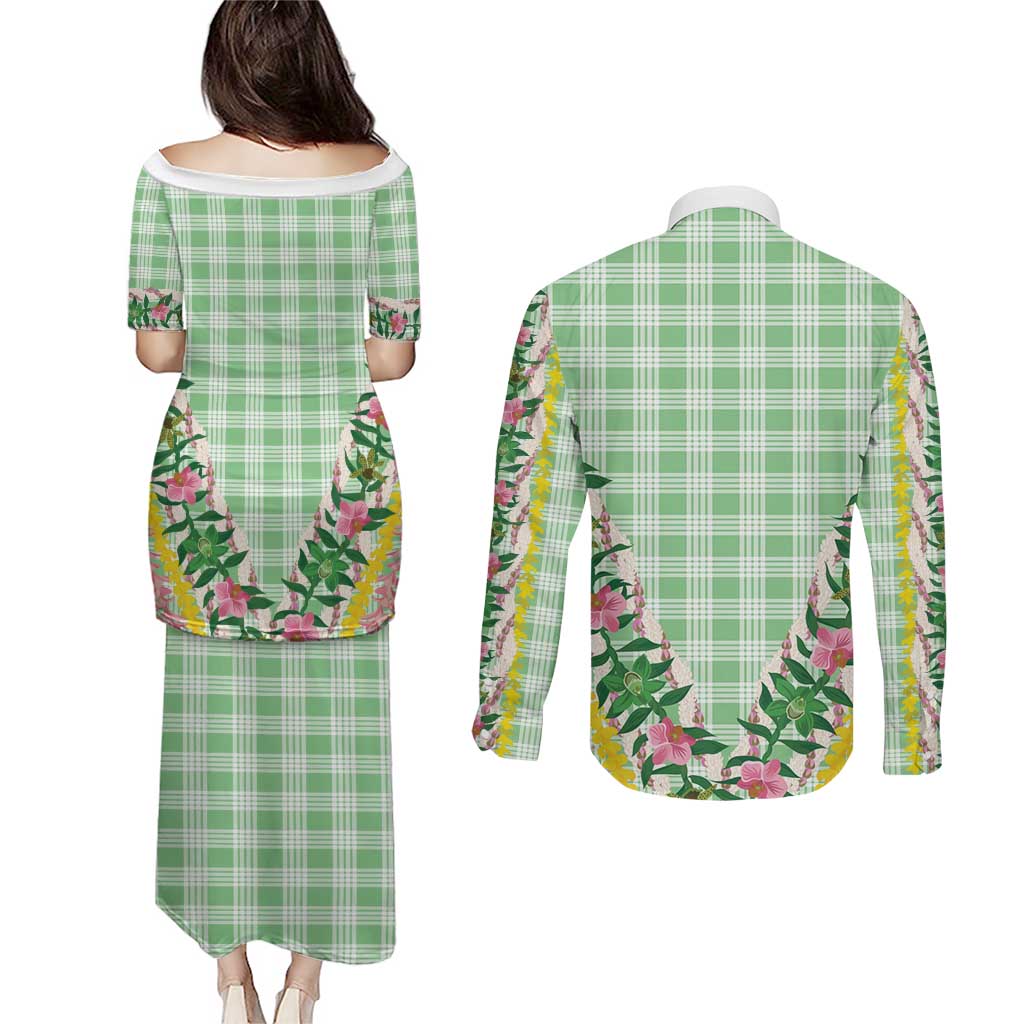 Hawaii Pikake Lokelani Plumeria Lei Couples Matching Puletasi and Long Sleeve Button Shirt Green Palaka Motifs LT05 - Polynesian Pride